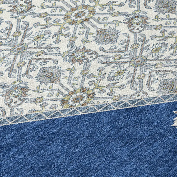 9' X 12' Navy Blue Gray And Beige Oriental Washable Indoor Outdoor Area Rug