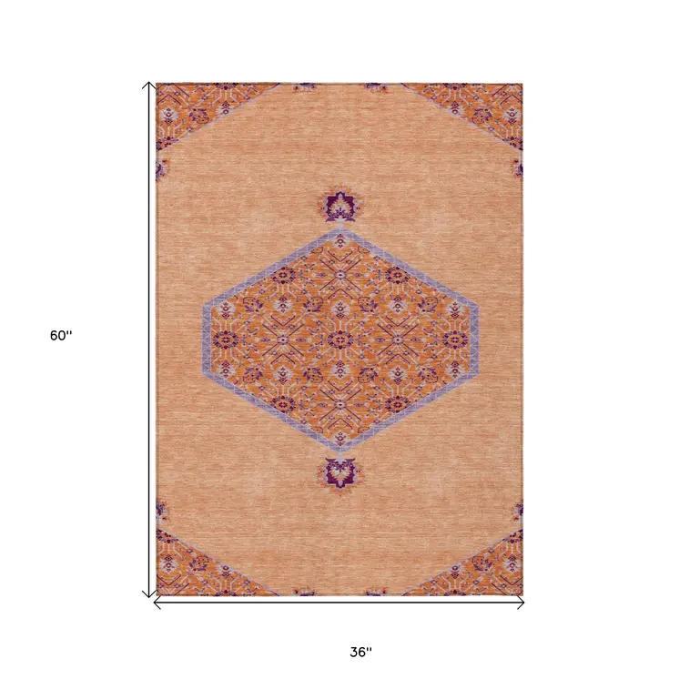 3' X 5' Peach Purple And Burgundy Oriental Washable Indoor Outdoor Area Rug