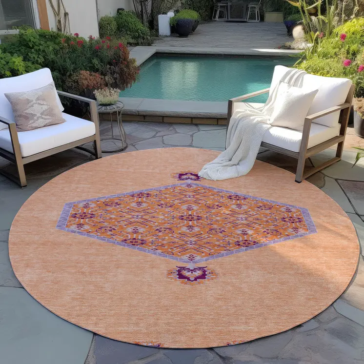 8' Peach Round Oriental Washable Indoor Outdoor Area Rug