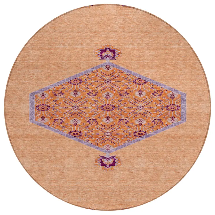 8' Peach Round Oriental Washable Indoor Outdoor Area Rug