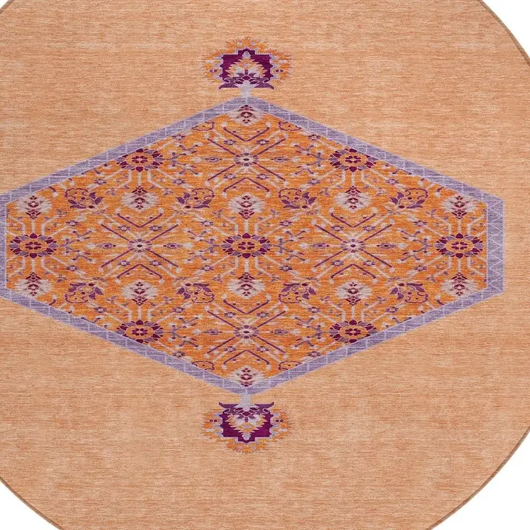 8' Peach Round Oriental Washable Indoor Outdoor Area Rug