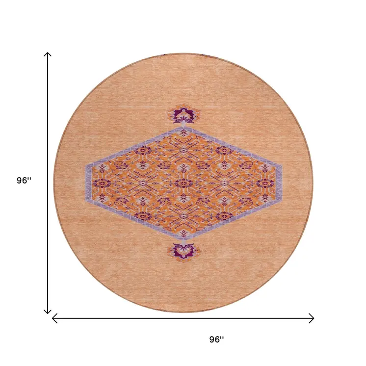 8' Peach Round Oriental Washable Indoor Outdoor Area Rug