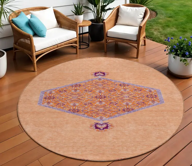 8' Peach Round Oriental Washable Indoor Outdoor Area Rug