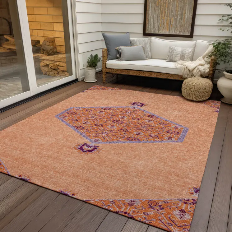 9' X 12' Peach Purple And Burgundy Oriental Washable Indoor Outdoor Area Rug