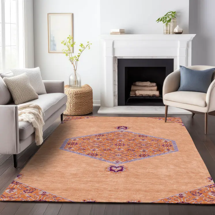 9' X 12' Peach Purple And Burgundy Oriental Washable Indoor Outdoor Area Rug