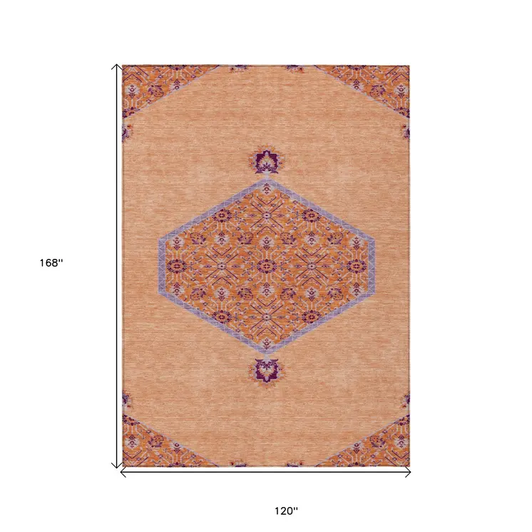 10' X 14' Peach Purple And Burgundy Oriental Washable Indoor Outdoor Area Rug