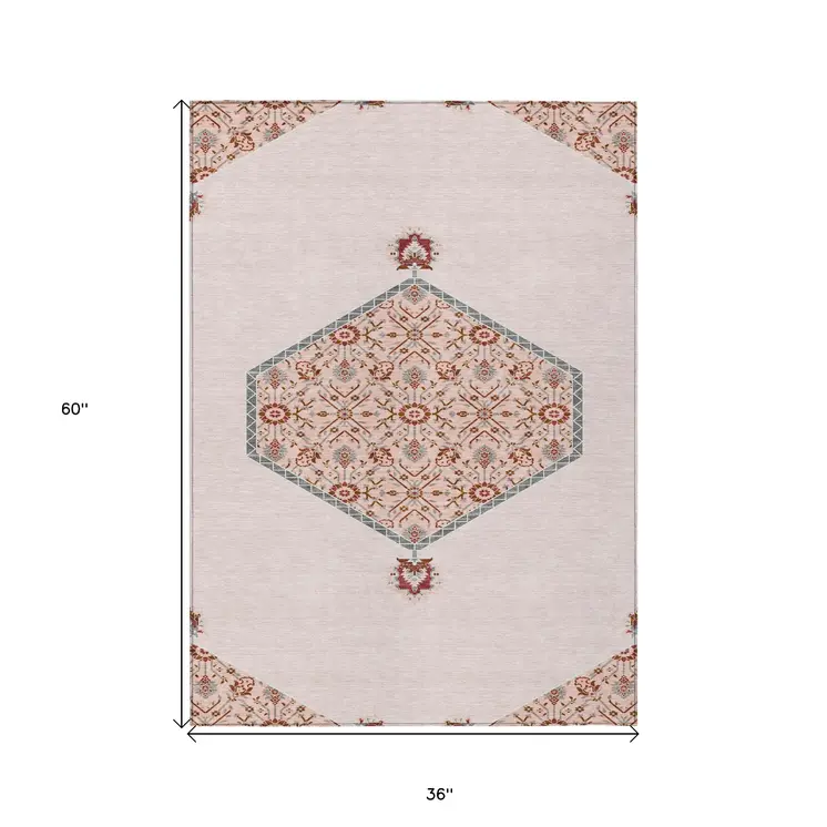 3' X 5' Pink Beige And Burgundy Oriental Washable Indoor Outdoor Area Rug