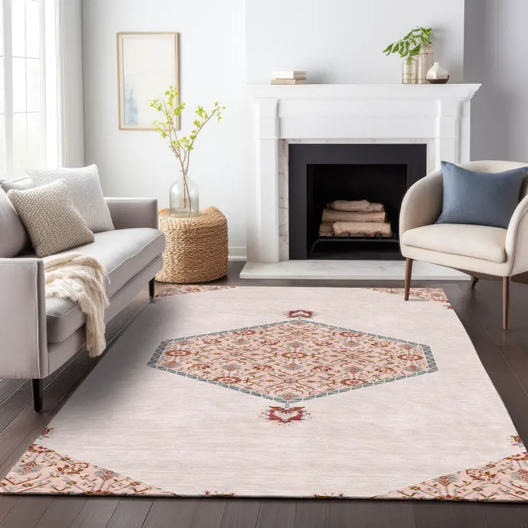 3' X 5' Pink Beige And Burgundy Oriental Washable Indoor Outdoor Area Rug