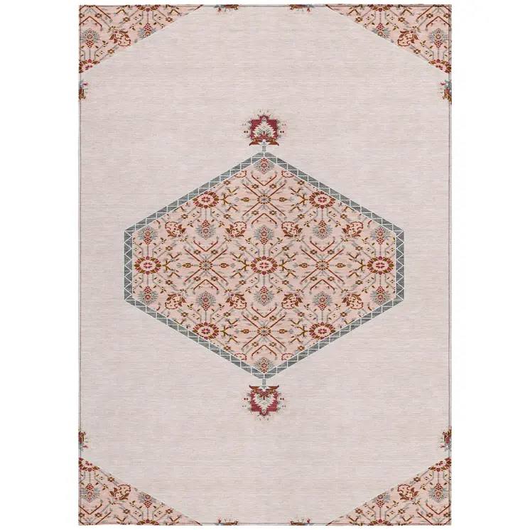 5' X 8' Pink Beige And Burgundy Oriental Washable Indoor Outdoor Area Rug