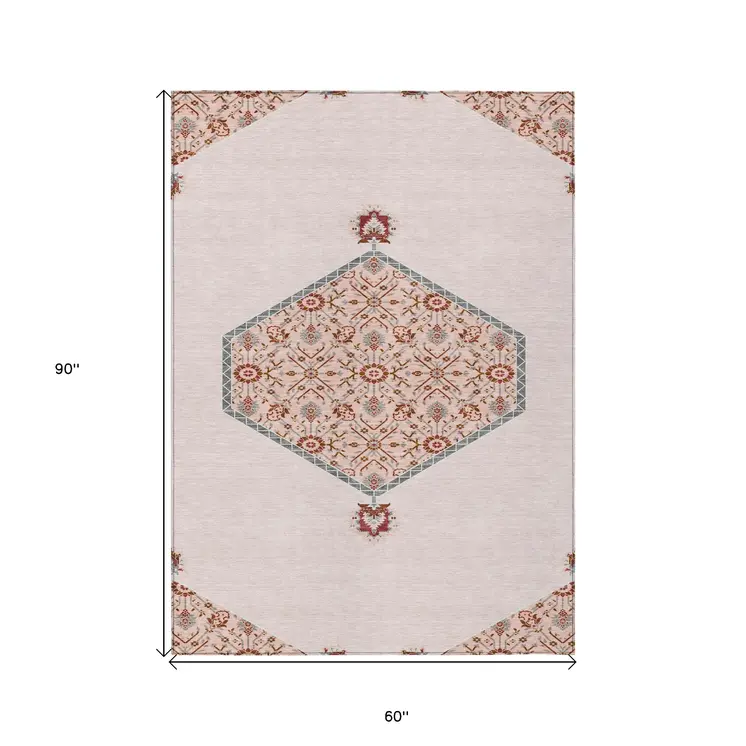 5' X 8' Pink Beige And Burgundy Oriental Washable Indoor Outdoor Area Rug