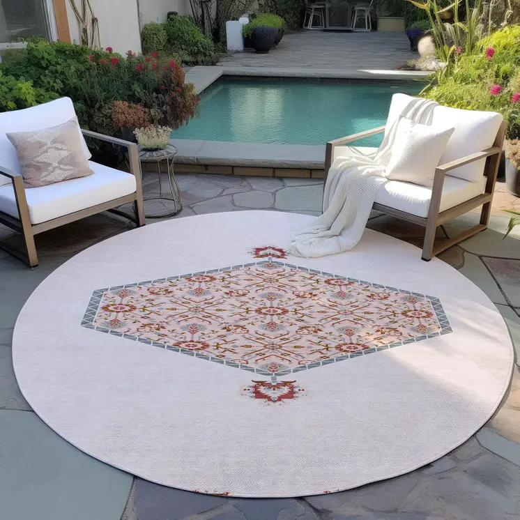 8' Pink Beige And Burgundy Round Oriental Washable Indoor Outdoor Area Rug
