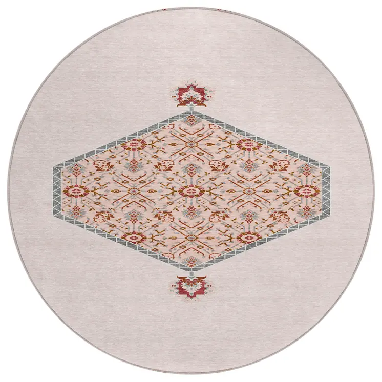 8' Pink Beige And Burgundy Round Oriental Washable Indoor Outdoor Area Rug