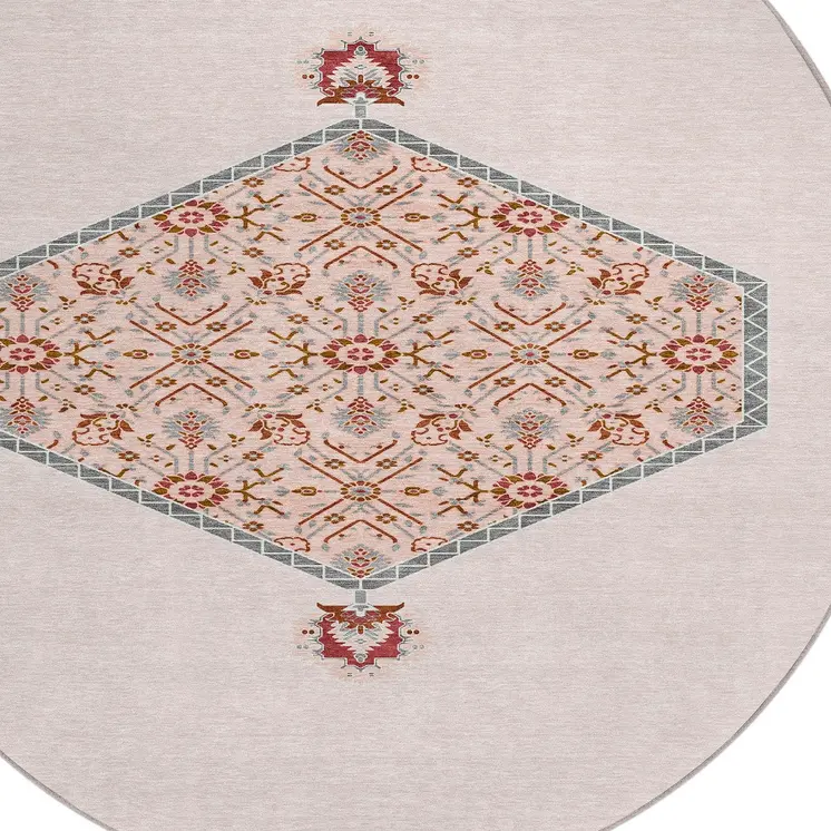 8' Pink Beige And Burgundy Round Oriental Washable Indoor Outdoor Area Rug