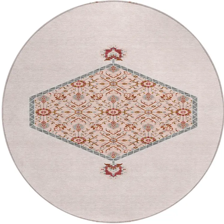 8' Pink Beige And Burgundy Round Oriental Washable Indoor Outdoor Area Rug
