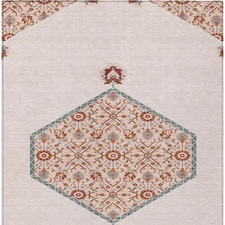 9' X 12' Pink Beige And Burgundy Oriental Washable Indoor Outdoor Area Rug