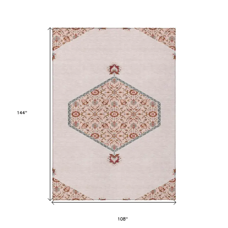 9' X 12' Pink Beige And Burgundy Oriental Washable Indoor Outdoor Area Rug