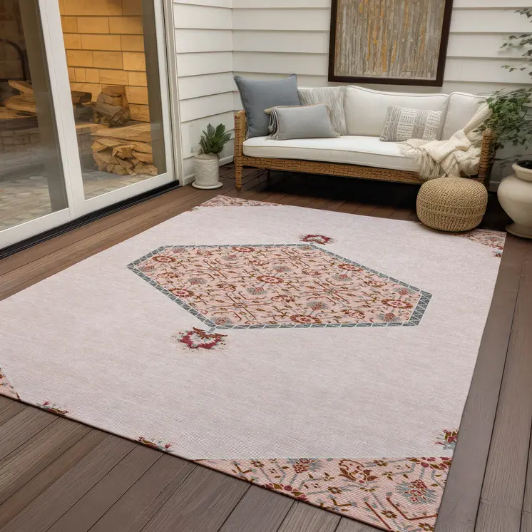 9' X 12' Pink Beige And Burgundy Oriental Washable Indoor Outdoor Area Rug