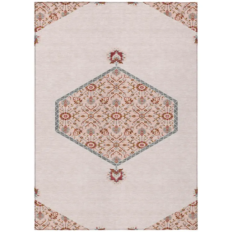 9' X 12' Pink Beige And Burgundy Oriental Washable Indoor Outdoor Area Rug