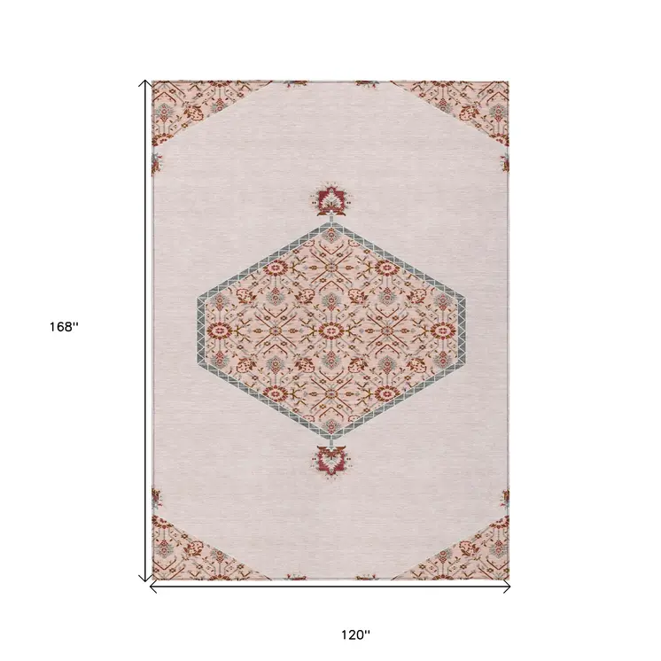 10' X 14' Pink Beige And Burgundy Oriental Washable Indoor Outdoor Area Rug