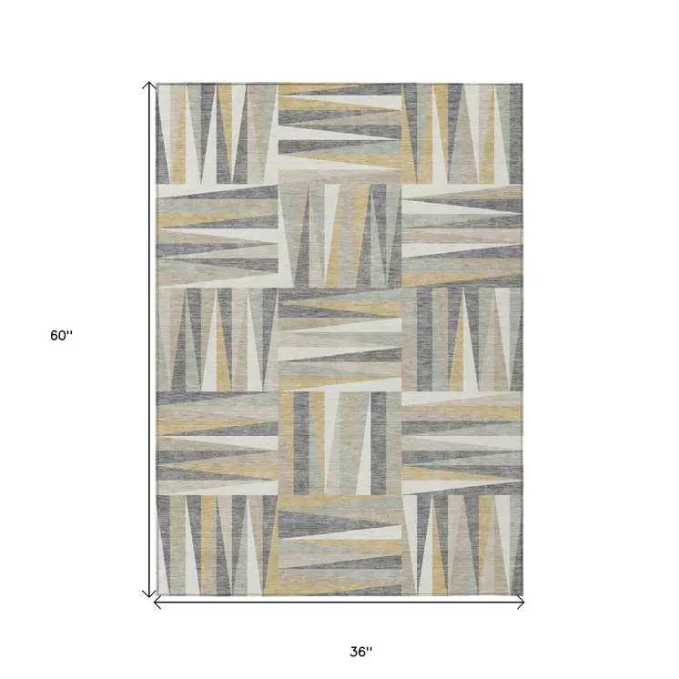 3' X 5' Beige Gray And Ivory Geometric Washable Indoor Outdoor Area Rug