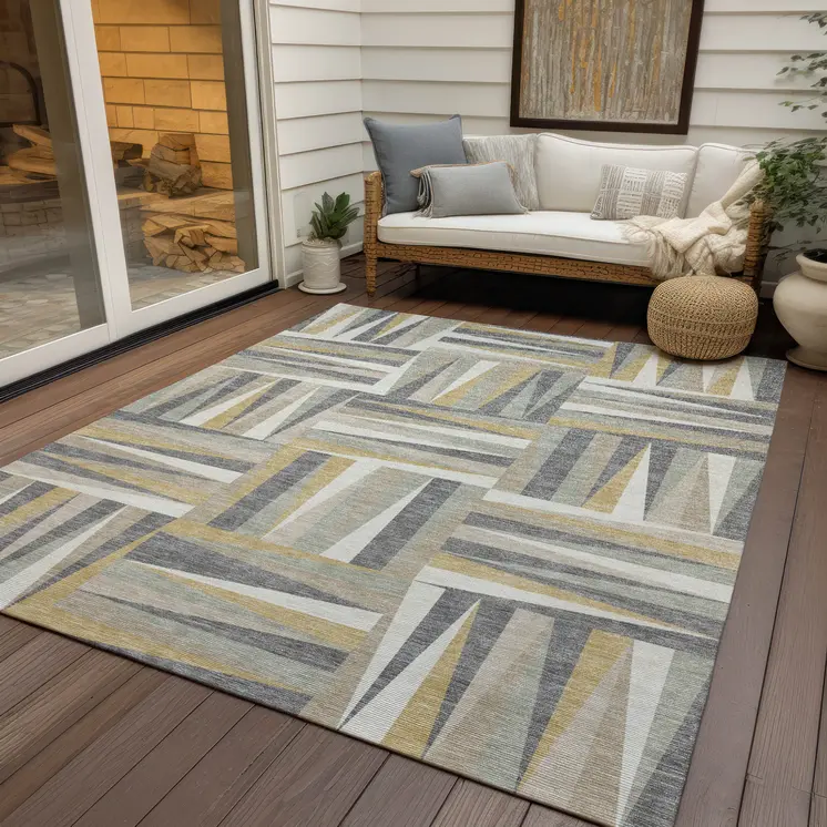 3' X 5' Beige Gray And Ivory Geometric Washable Indoor Outdoor Area Rug