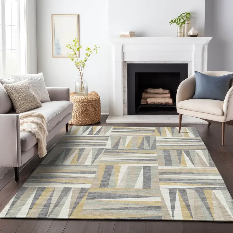 3' X 5' Beige Gray And Ivory Geometric Washable Indoor Outdoor Area Rug