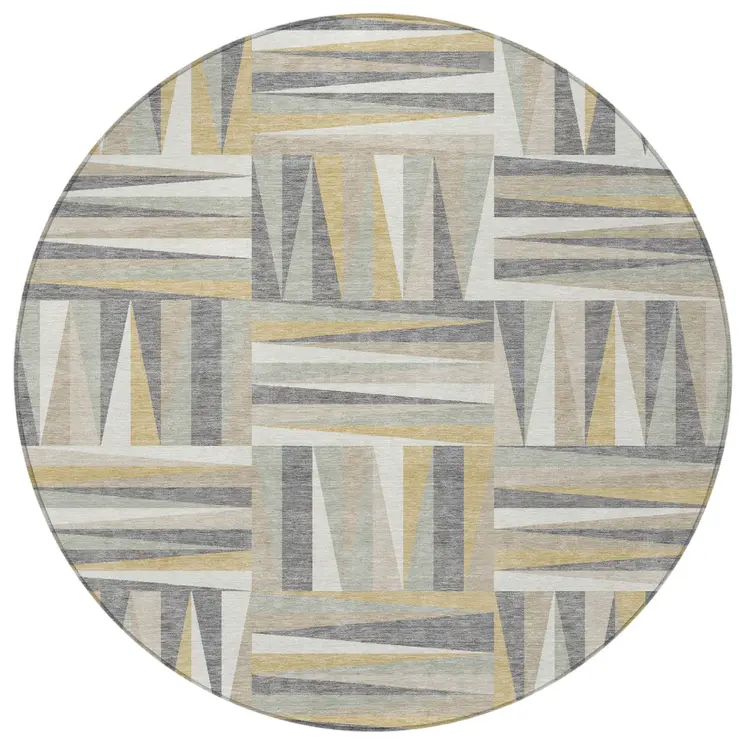 8' Beige Gray And Ivory Round Geometric Washable Indoor Outdoor Area Rug