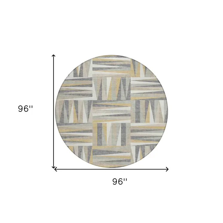 8' Beige Gray And Ivory Round Geometric Washable Indoor Outdoor Area Rug