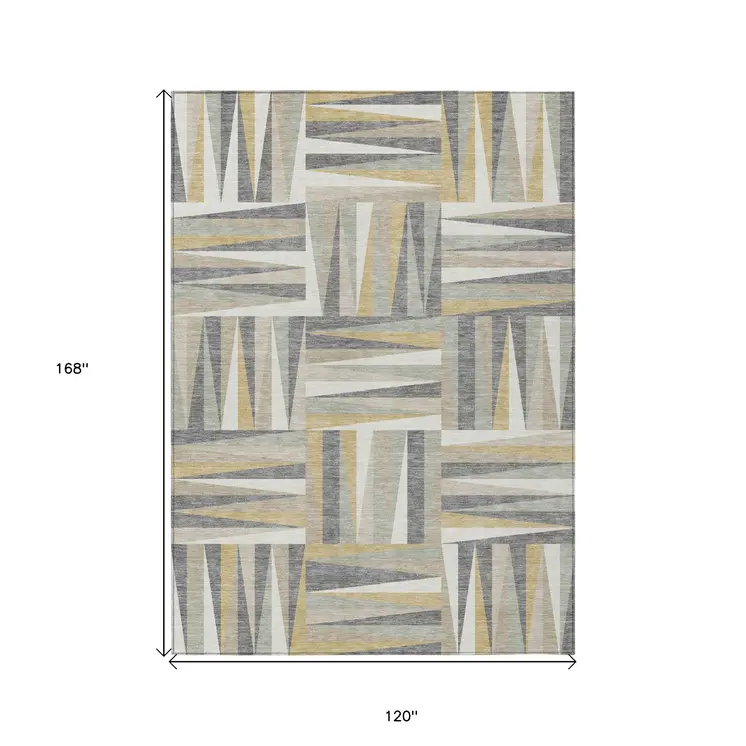 10' X 14' Beige Gray And Ivory Geometric Washable Indoor Outdoor Area Rug