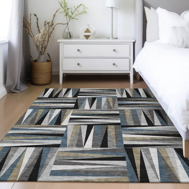 5' X 8' Black Gray And Ivory Geometric Washable Indoor Outdoor Area Rug