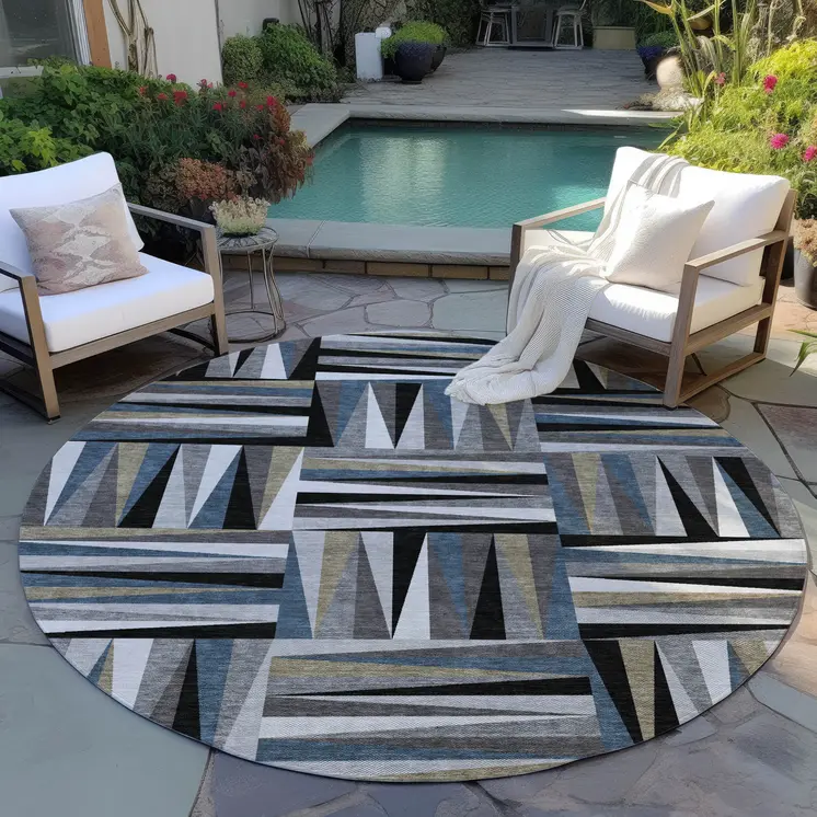 8' Black Gray And Ivory Round Geometric Washable Indoor Outdoor Area Rug