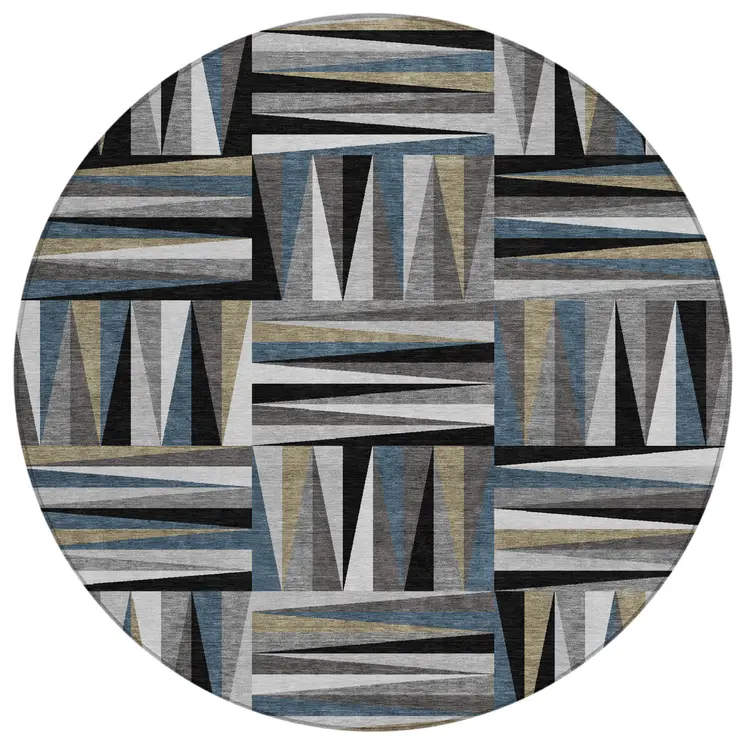 8' Black Gray And Ivory Round Geometric Washable Indoor Outdoor Area Rug
