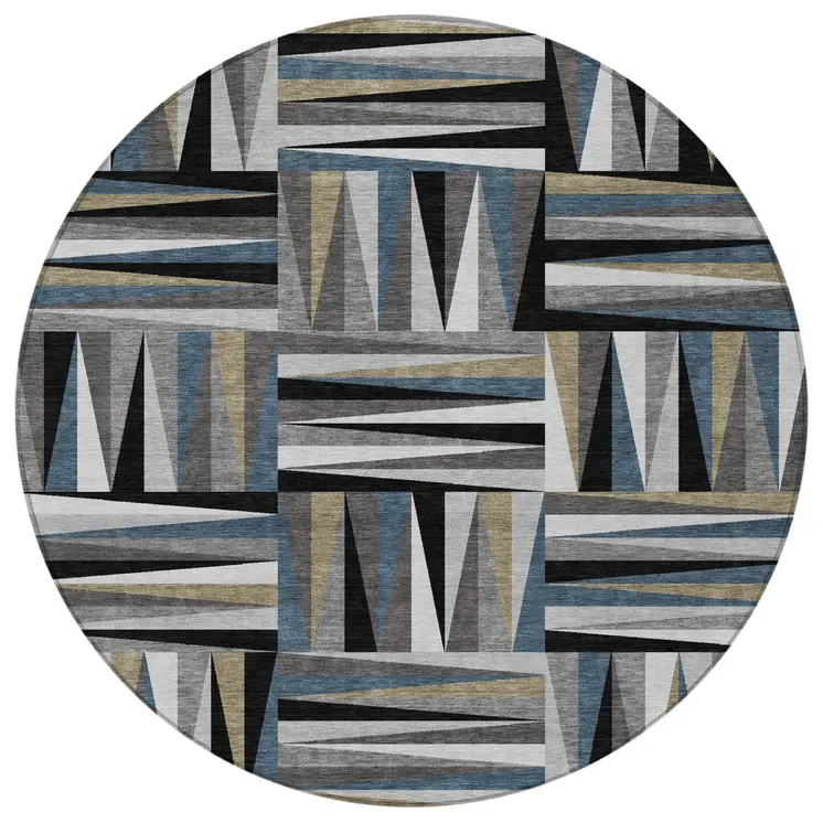 8' Black Gray And Ivory Round Geometric Washable Indoor Outdoor Area Rug