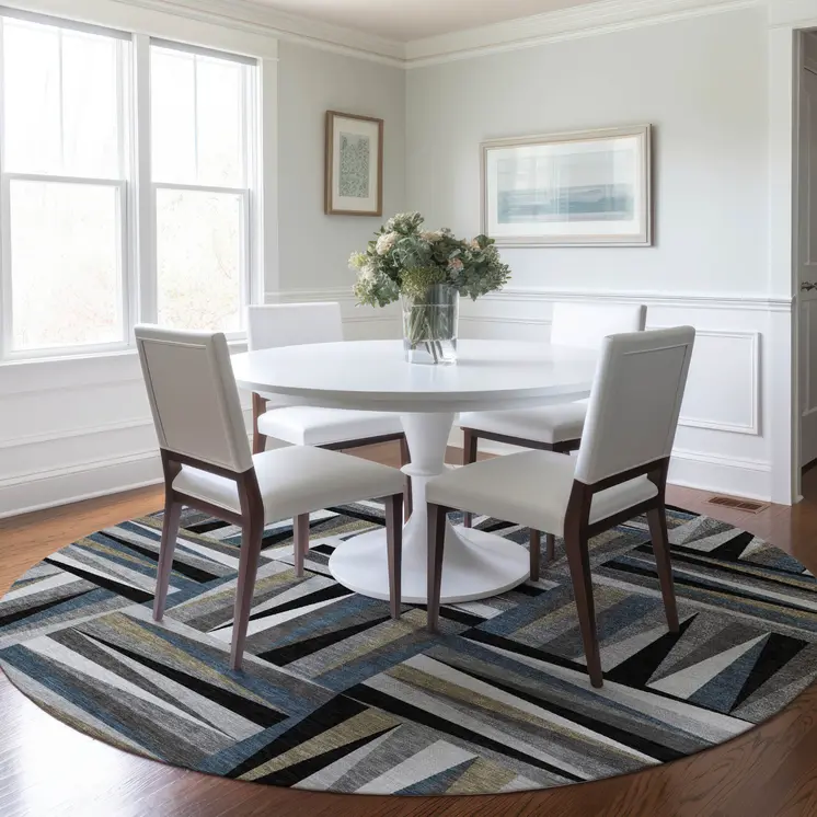 8' Black Gray And Ivory Round Geometric Washable Indoor Outdoor Area Rug