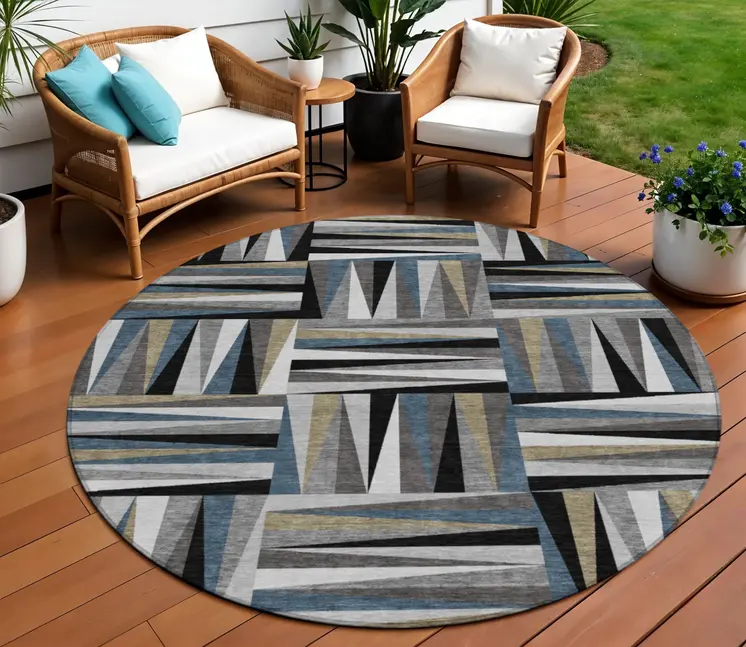8' Black Gray And Ivory Round Geometric Washable Indoor Outdoor Area Rug