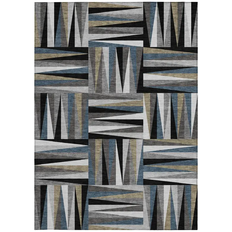 10' X 14' Black Gray And Ivory Geometric Washable Indoor Outdoor Area Rug