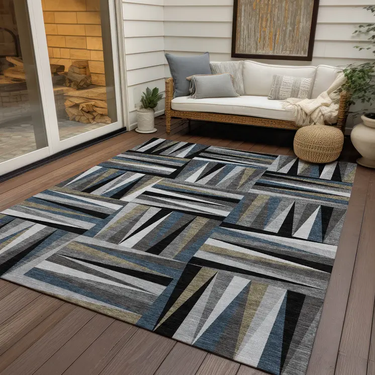 10' X 14' Black Gray And Ivory Geometric Washable Indoor Outdoor Area Rug