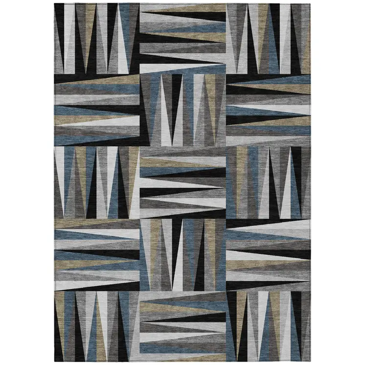 10' X 14' Black Gray And Ivory Geometric Washable Indoor Outdoor Area Rug