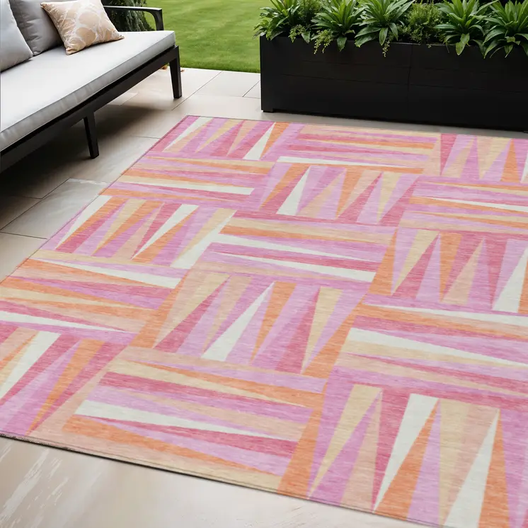5' X 8' Blush Ivory And Orange Geometric Washable Indoor Outdoor Area Rug