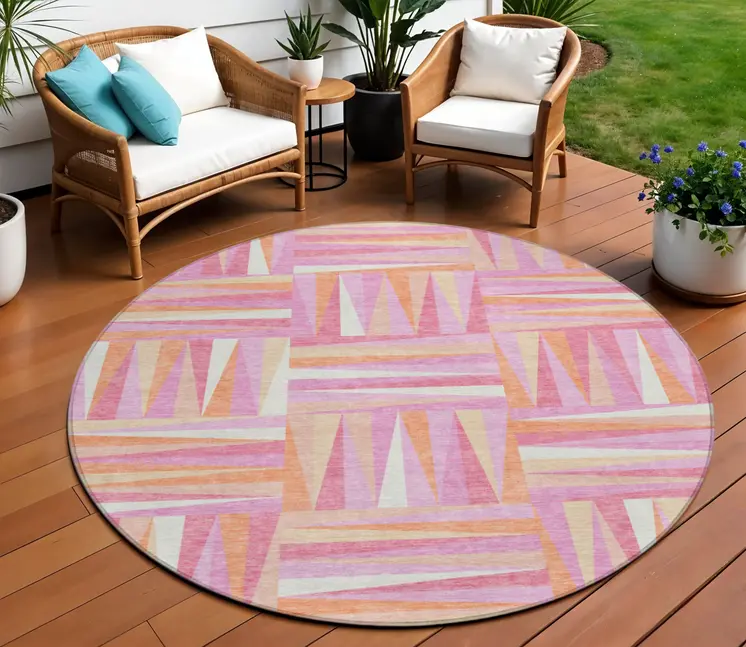 8' Blush Ivory And Orange Round Geometric Washable Indoor Outdoor Area Rug