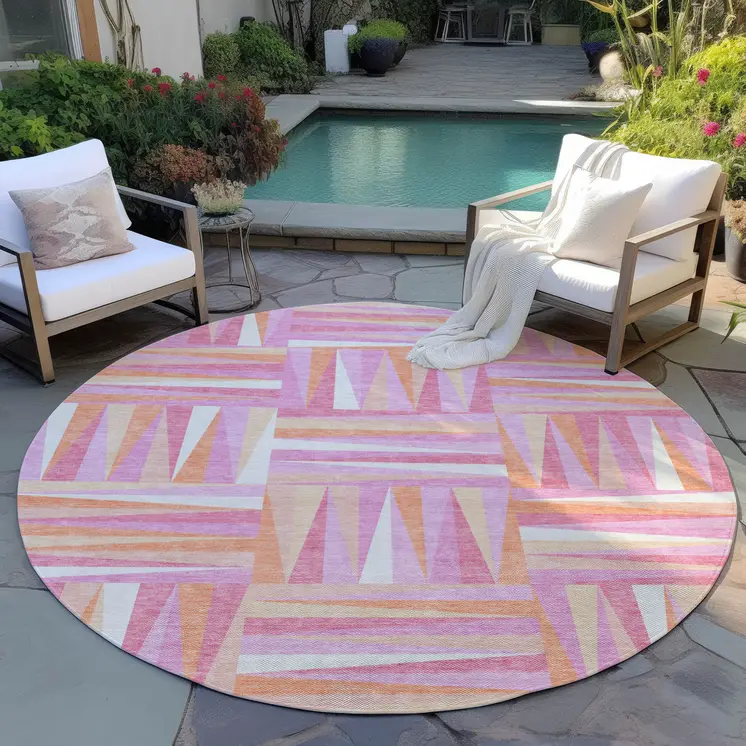 8' Blush Ivory And Orange Round Geometric Washable Indoor Outdoor Area Rug