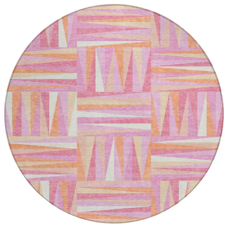 8' Blush Ivory And Orange Round Geometric Washable Indoor Outdoor Area Rug