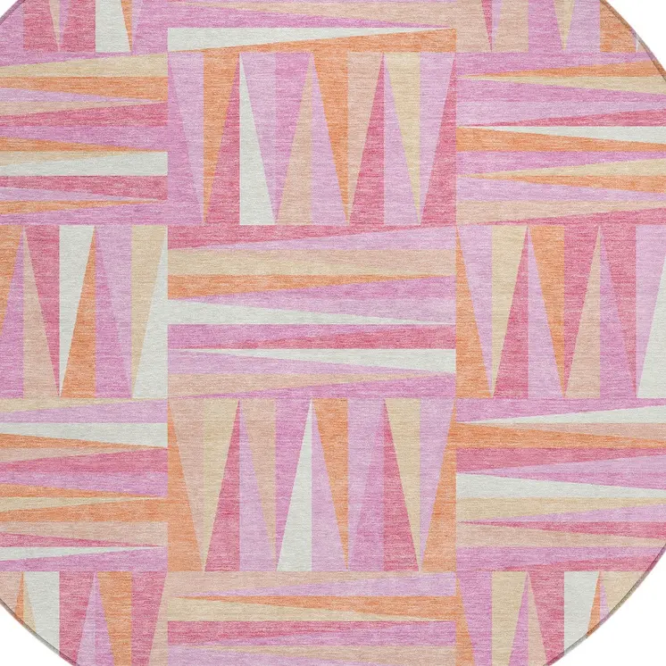 8' Blush Ivory And Orange Round Geometric Washable Indoor Outdoor Area Rug