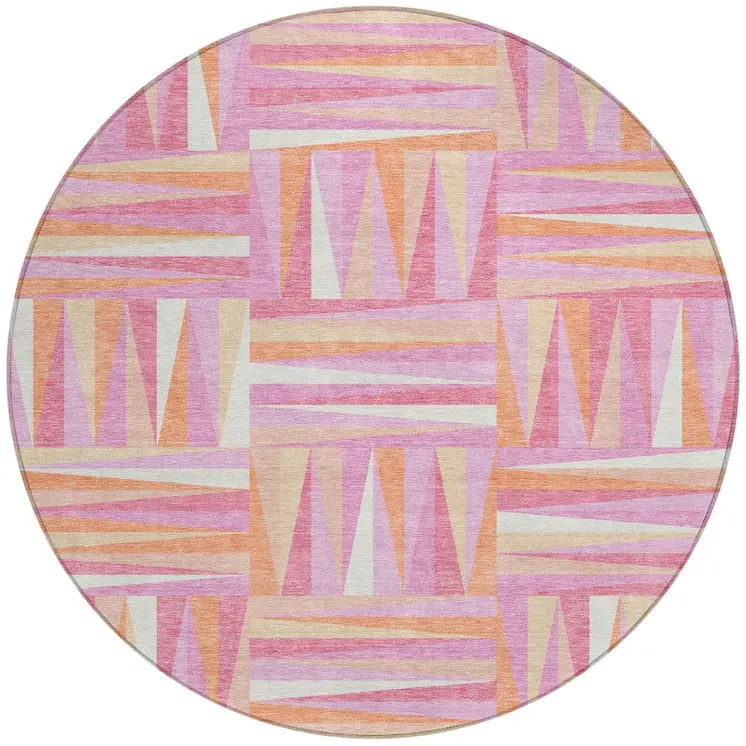 8' Blush Ivory And Orange Round Geometric Washable Indoor Outdoor Area Rug