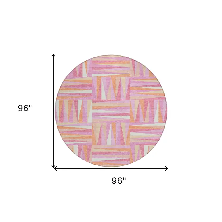 8' Blush Ivory And Orange Round Geometric Washable Indoor Outdoor Area Rug