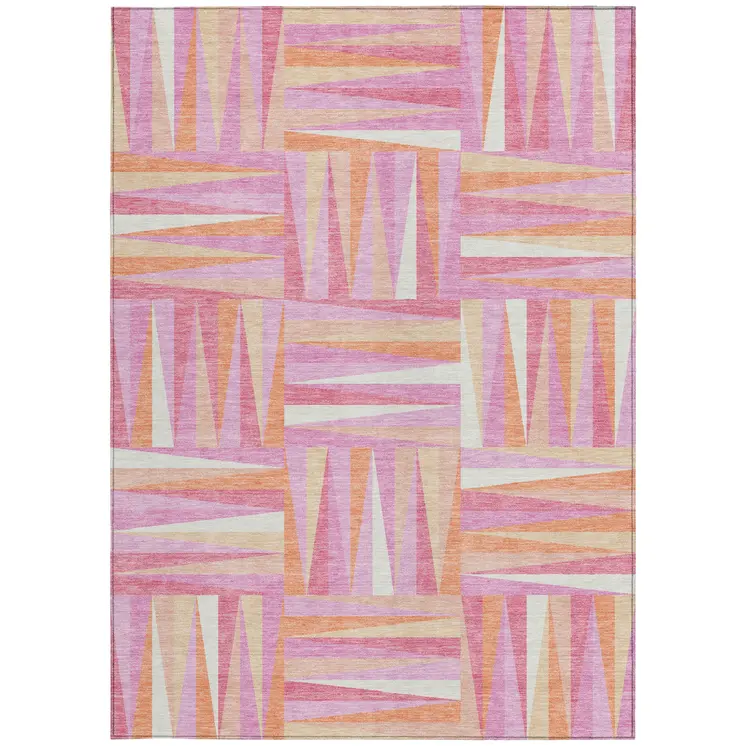 10' X 14' Blush Ivory And Orange Geometric Washable Indoor Outdoor Area Rug