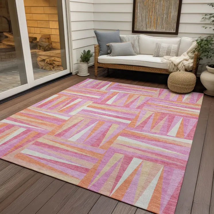 10' X 14' Blush Ivory And Orange Geometric Washable Indoor Outdoor Area Rug