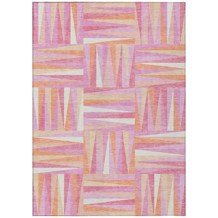 10' X 14' Blush Ivory And Orange Geometric Washable Indoor Outdoor Area Rug