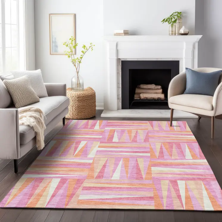 10' X 14' Blush Ivory And Orange Geometric Washable Indoor Outdoor Area Rug