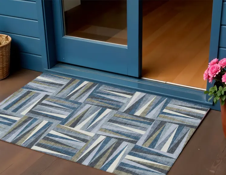 3' X 5' Denim Blue Gray And Ivory Geometric Washable Indoor Outdoor Area Rug